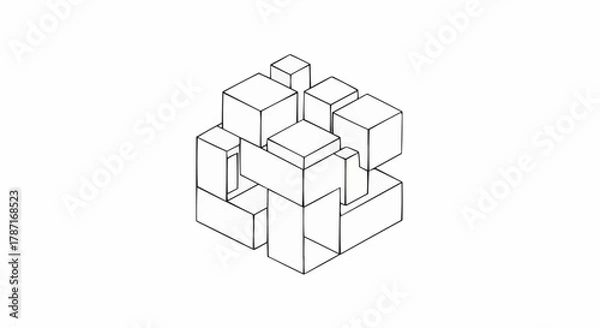 Fototapeta Abstract isometric cube structure line art drawing minimalist geometric design.