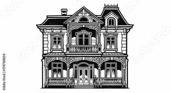 Fototapeta Detailed black and white illustration of a grand Victorian house.