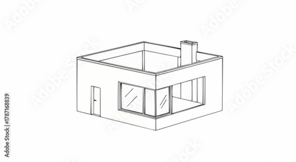 Fototapeta Modern House Sketch with Large Windows and Chimney.