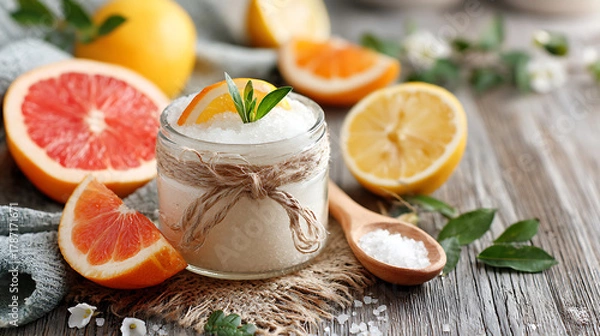 Fototapeta homemade sugar scrub in glass jar with citrus slices, ideal for diy skincare and natural beauty.