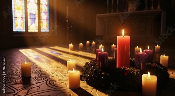 Fototapeta Gaudete Sunday Candles Lit in Church Advent Wreath Celebrating Joyful Third Sunday of Advent