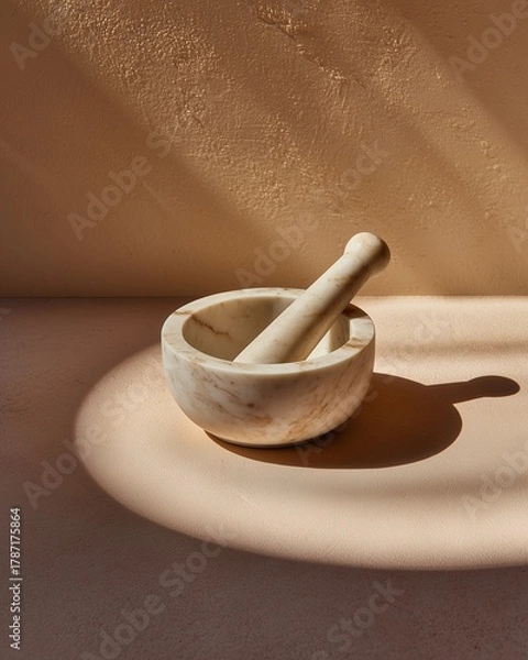 Obraz Top-Lit Marble Mortar and Pestle Casting Circular Shadow