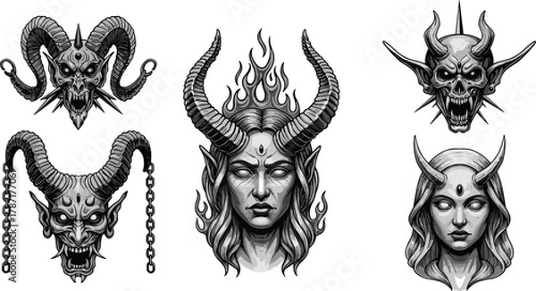 Obraz Dark demonic horned faces illustration, gothic fantasy devil characters with skulls and flames, horror occult art concept, detailed black and white design