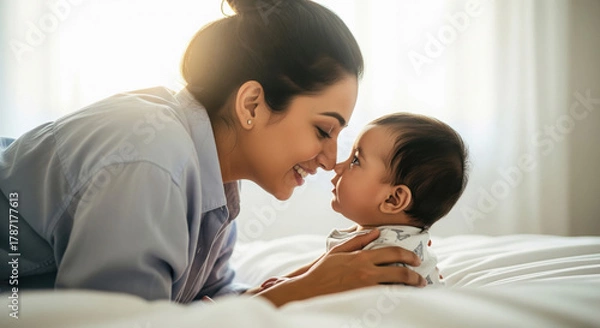 Obraz Mother and baby share a tender moment on bed