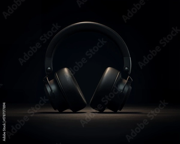 Obraz Minimal Headphones on Dark Desk with Dramatic Light