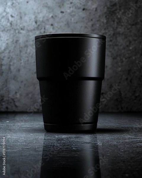 Obraz Matte Black Travel Tumbler on Wet Concrete with Reflection