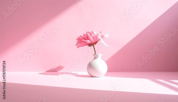 Obraz Minimalist Pink Gerbera Daisy in White Vase with Light and Shadow.