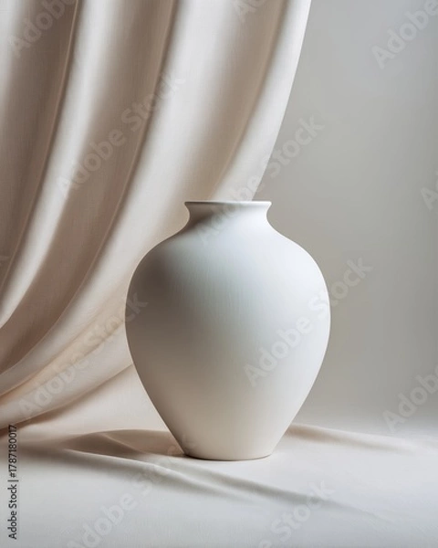 Fototapeta Minimal White Ceramic Vase with Draped Fabric Background