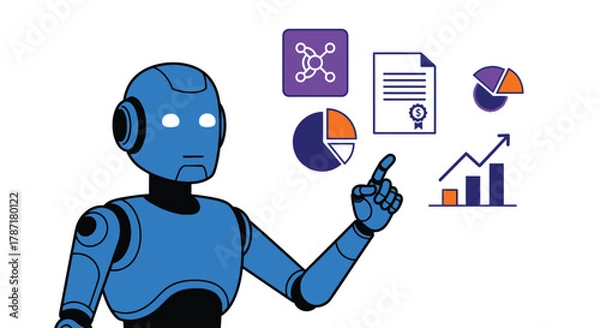 Fototapeta Robot presenting modern business data analysis with charts and graphs