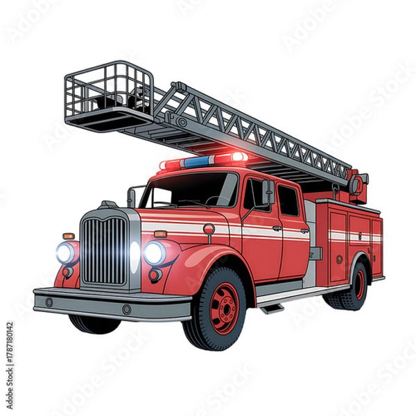 Fototapeta Red fire truck ladder emergency vehicle rescue service firetruck lights station equipment apparatus on transparent background