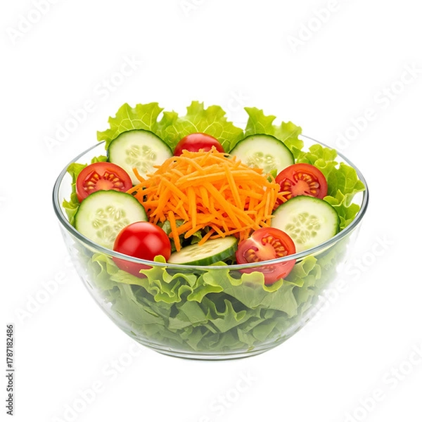 Fototapeta Salad vegetable healthy food fresh lettuce tomato cucumber carrot diet nutrition delicious bowl vegan raw on transparent background