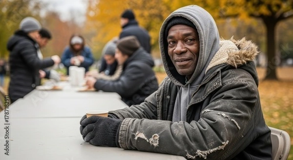 Fototapeta Homeless people. African American man in worn winter coat sits at outdoor table, enjoying warm beverage, surrounded by others receiving food, highlighting community support for homeless individuals