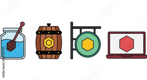 Fototapeta Honey business branding with barrel, sign, laptop, and honey dipper