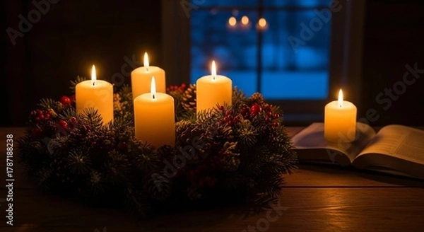 Fototapeta Gaudete Sunday Candles Wreath Advent Season Joyful Third Sunday of Advent Celebration