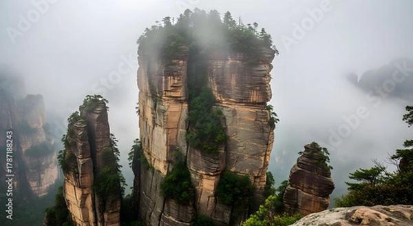Obraz Striking Misty Stone Pillar Forest Landscape in Zhangjiajie National Park