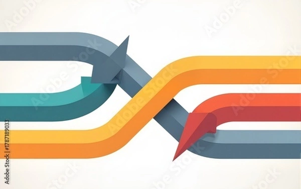 Fototapeta Arrows merger. Abstract diversity arrow merge, unity partnership teamwork company consolidate collaboration concept, business partner alliance together path mix vector illustration. High quality