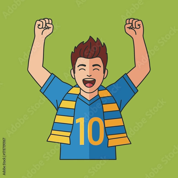 Fototapeta Excited fan with arms raised wearing a scarf and jersey.