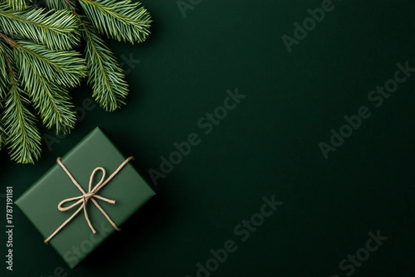 Obraz Top view of green gift box and fir branch on dark background with copy space
