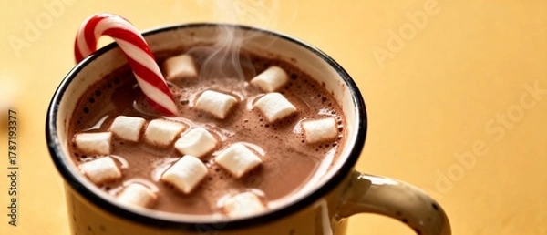 Fototapeta Hot chocolate with marshmallows and candy cane on yellow background  