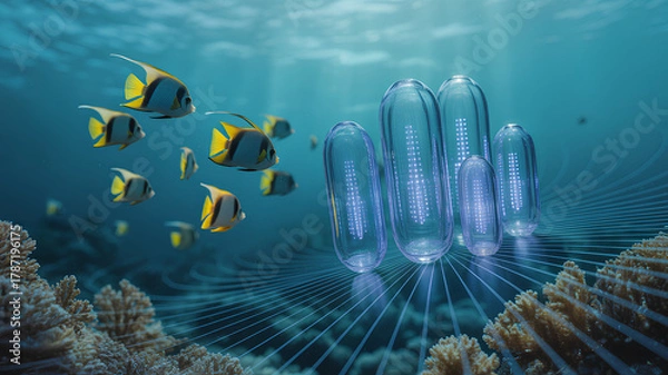 Fototapeta Underwater scene featuring colorful fish swimming near coral, with futuristic transparent structures emitting light, symbolizing 5G, IoT