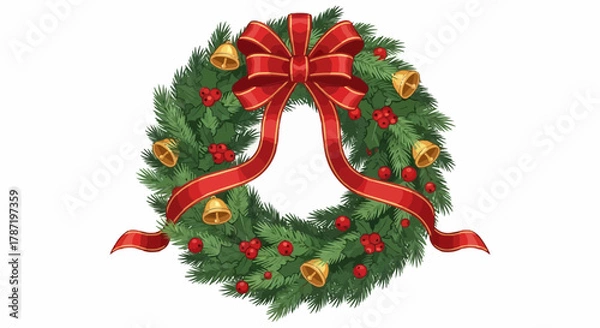Fototapeta Vector illustration of a traditional winter Christmas wreath with a large red bow, golden bells, and holly berries on a white background