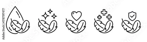 Fototapeta Sensitive skin icon set. Organic cosmetic skin care components for healthy and hydrated skin. Sensitive skin label, logo, badge, sign, symbol, banner, black, line, flat vector, isolated illustration.