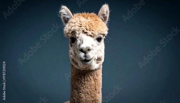 Obraz Close-up Portrait of a Curious Alpaca Against a Dark Background.