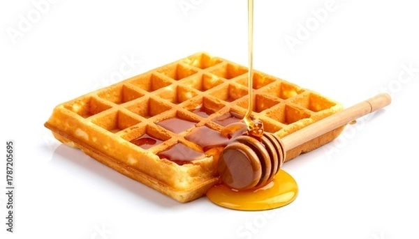 Fototapeta Close-up of a square waffle with honey being drizzled from a wooden honey dipper onto its surface, against a white backdrop