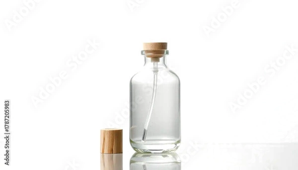 Fototapeta transparent diffuser bottle with bamboo cap, clear essential oil inside, minimal spa aesthetic, soft reflection, isolated transparent background.
