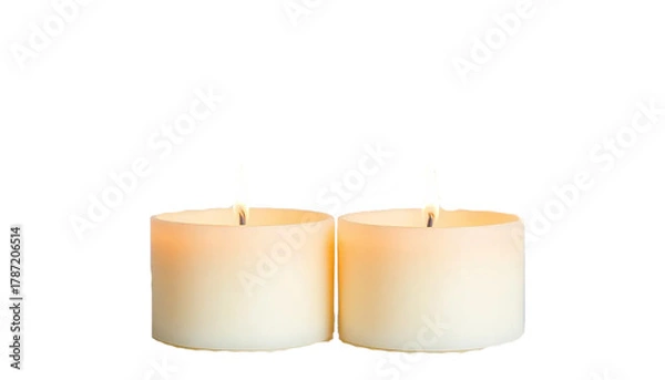 Fototapeta two scented candles with soft flames, placed side by side, warm cozy glow, luxury spa mood, isolated on transparent background.