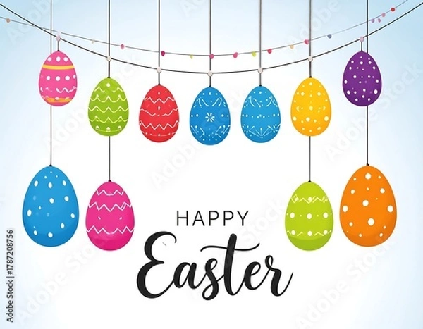 Fototapeta Colorful Easter eggs hanging, festive message, on a light blue background