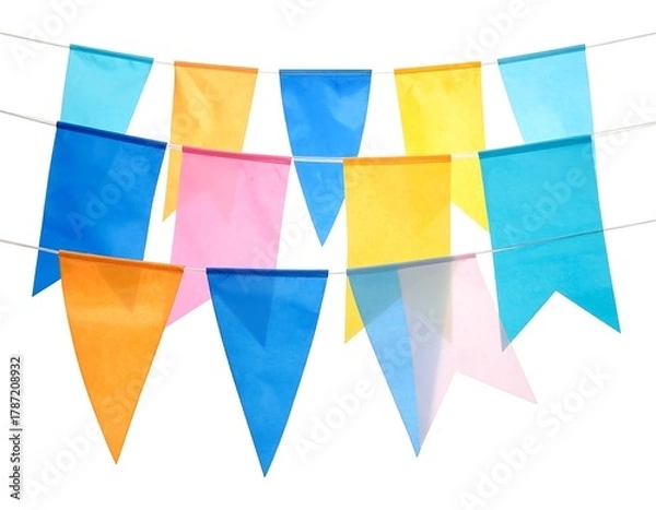 Fototapeta Colorful triangular flags strung across a white background