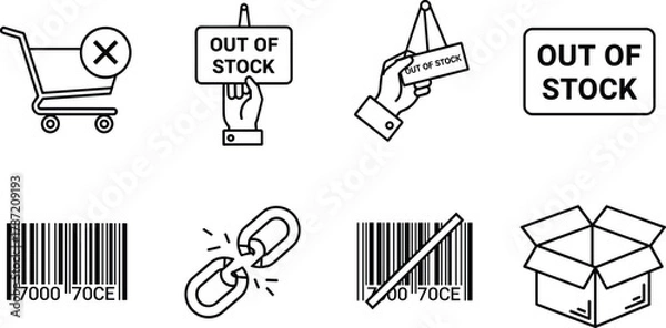 Fototapeta out of stock icons, inventory status vector, supply chain symbols, barcode alert graphics, flat design signs, e-commerce availability illustration