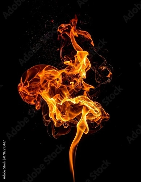 Fototapeta Fiery abstract shape, golden-orange against stark black background. Wisps of smoke and embers hint at the flames' dynamic dance