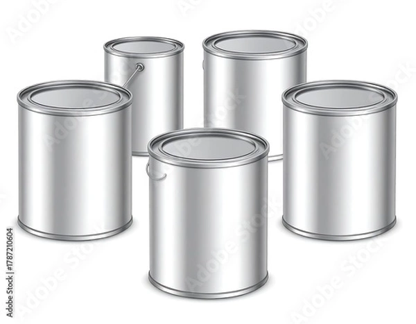 Fototapeta Five cylindrical metal paint cans, silver and clean on white background