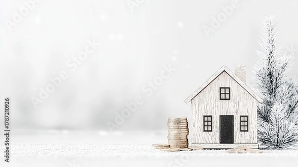 Fototapeta Miniature white wooden house model stands beside stacked coins against a bright snowy background