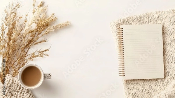 Fototapeta Overhead view of a coffee cup dried grass and blank spiral notebook on a white surface