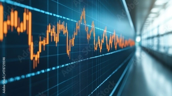 Obraz Orange candlestick chart displays market fluctuations against a blurred modern interior background