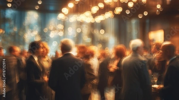 Fototapeta Blurred elegance: a professional crowd networking and socializing during an event reception with sparkling lights above their heads. High quality