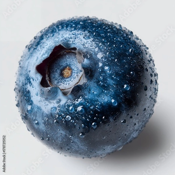 Obraz Single Blueberry with Water Droplets on White — Hyper-Detail Macro Superfood