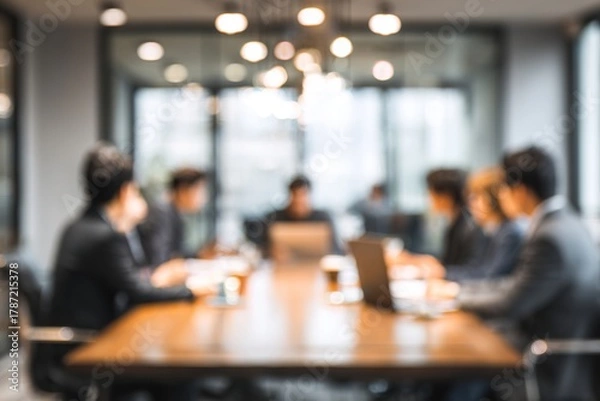 Fototapeta Blur office meeting blurred background with business people working group in boardroom discussion for teamwork brainstorming, executive seminar or professional training in small startup enterprise