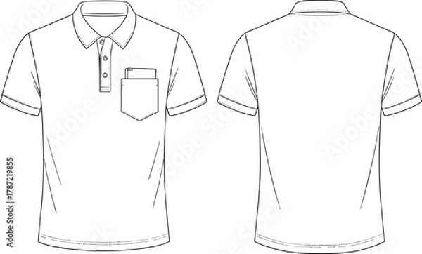 Obraz Polo shirt technical sketch, fashion flat drawing, garment CAD template, vector apparel illustration, clothing design outline, front back view