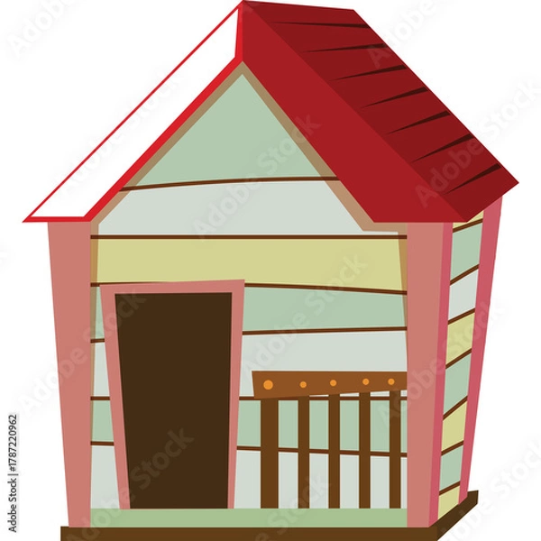 Obraz A charming wooden beach house with a red roof and pastel colored walls featuring a small porch and a brown door on a clear day with a white background