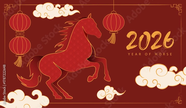 Fototapeta Chinese New Year 2026 celebration with golden horse zodiac, red festive background, lanterns, traditional patterns, clouds, and lucky decorations for Lunar New Year design.