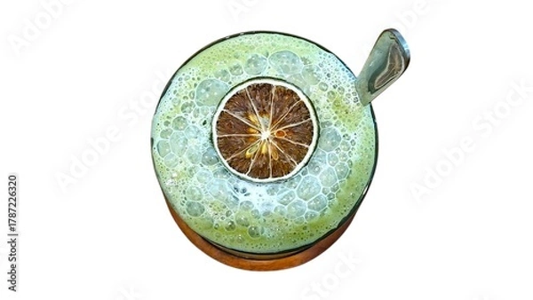 Obraz A top shot of matcha latte with a dried citrus slice on top, presented on a white background.