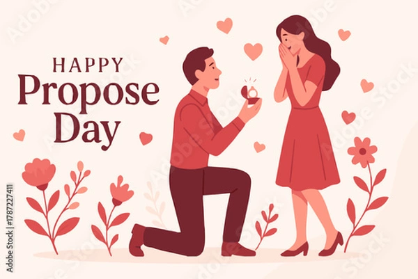Obraz A romantic Propose Day celebration featuring an engaged couple sharing a heartfelt moment. The man lovingly proposes with a ring while the woman smiles with joy. Perfect for themes of love and romance