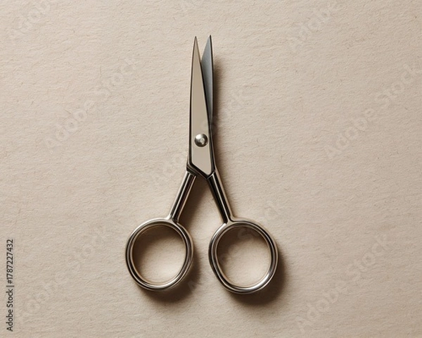 Obraz Open Stainless Scissors on Textured Beige Paper Flat Lay