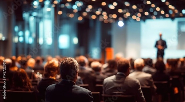 Fototapeta Presenter Presenting on Stage at Conference Meeting. Professional Lecture. Blurred Unidentifiable Presenter and Audience. Corporate Executive Manager Speaker. People Attendees, Company seminar class