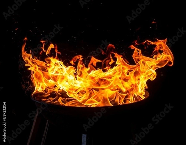 Obraz Close-up of fire burning inside a dark charcoal grill. The flames are bright orange and yellow against the black
