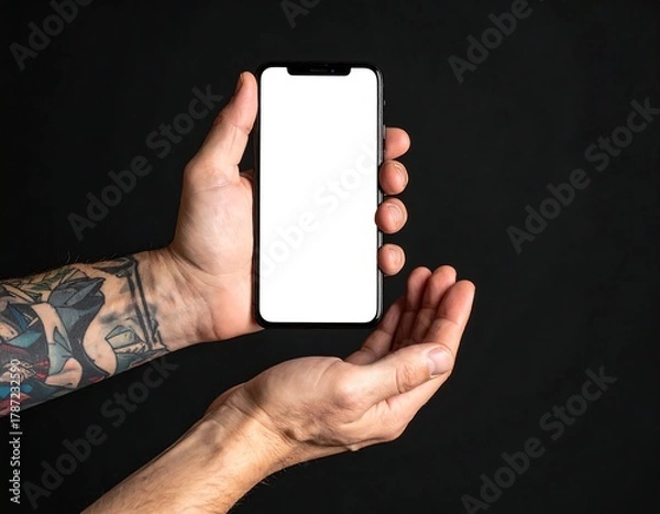 Obraz Close-up of hands holding a smartphone with a blank screen, against a black background. One arm is tattooed